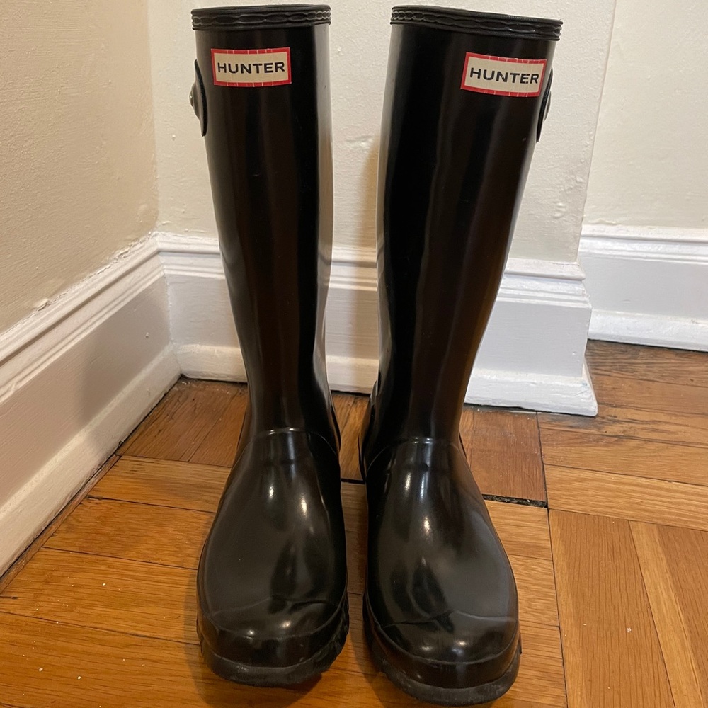 Tall black gloss hunter rain boots